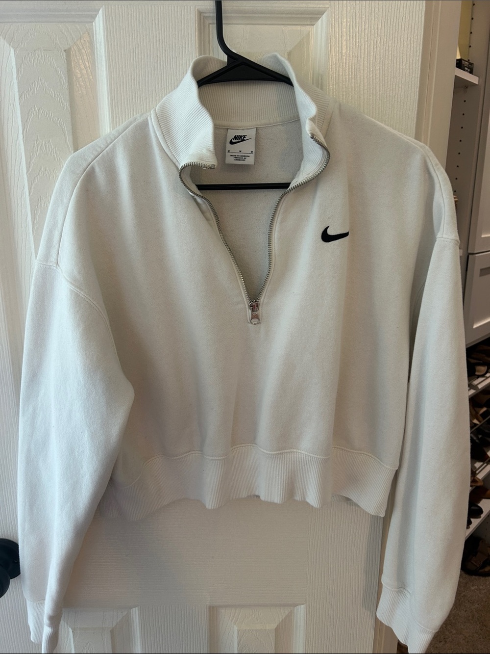 Nike White Quarter-Zip Cropped Pullover with Black Swoosh